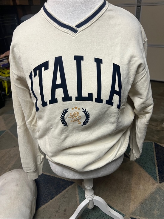 Hollister Sweaters - Hollister Cream V-Neck Sweater with Navy Italia Lettering